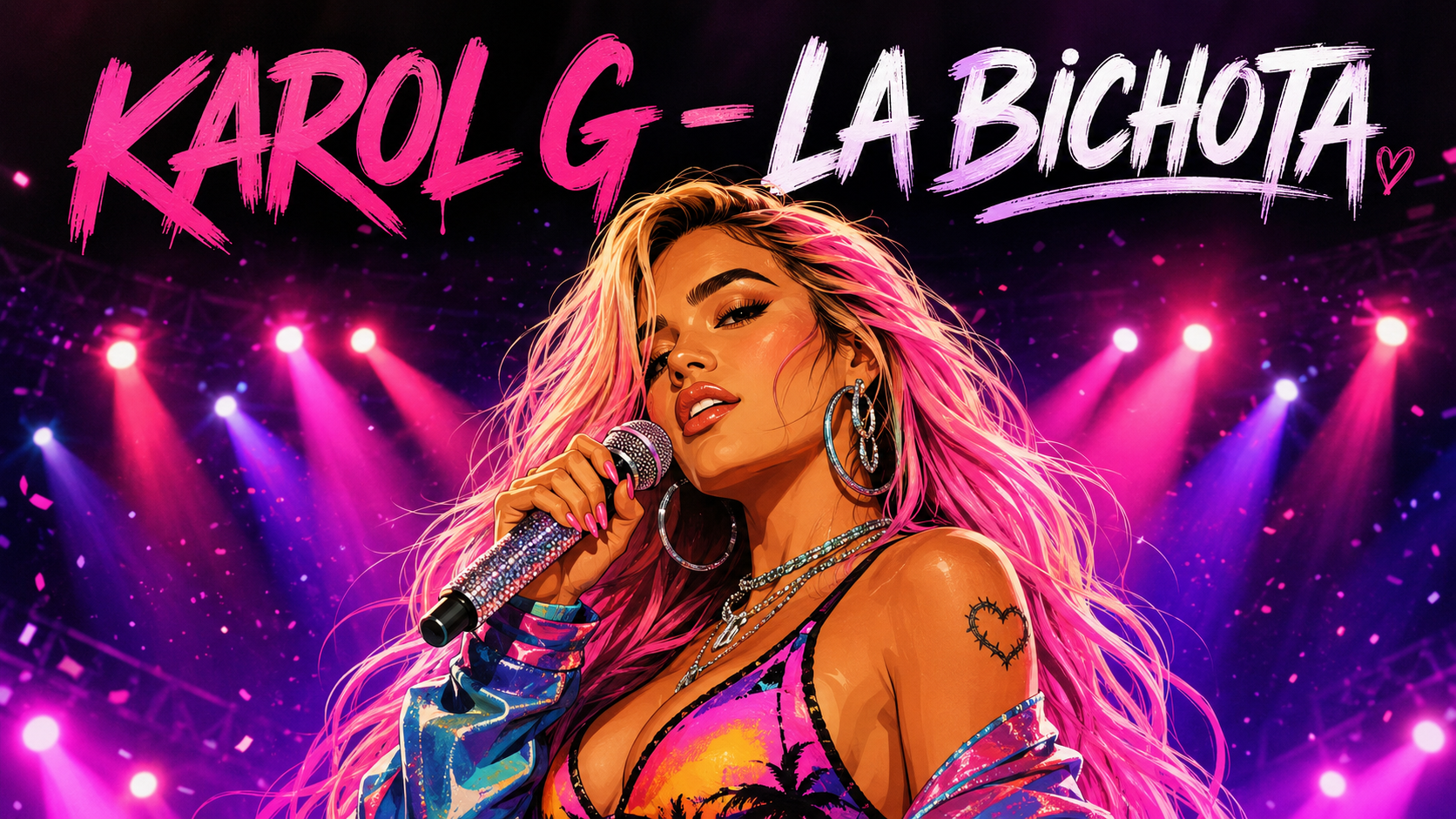 Retrato ilustrado de Karol G, cantante colombiana de música urbana, con look colorido de escenario