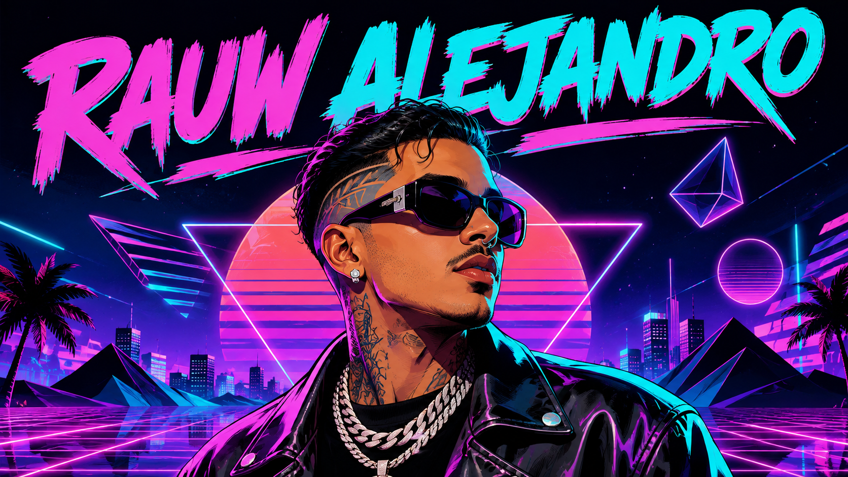 Retrato ilustrado de Rauw Alejandro, cantante puertorriqueño de reguetón, con estética retro futurista